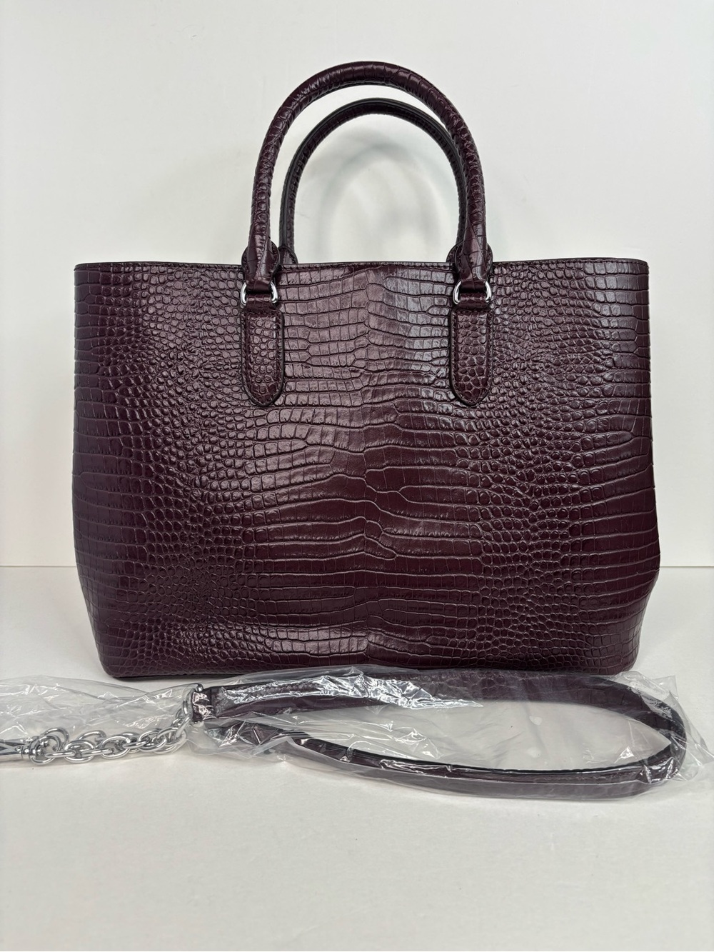 Ralph Lauren Bullion Large Marcy Satchel Croc-Embossed Mahogany Leather Bag - Picture 7 of 16